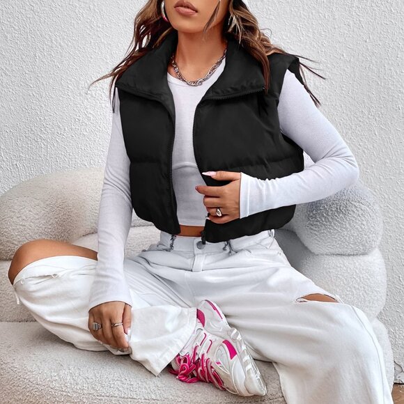 Black Casual Women's Zipper Front Vest Padded Coat - Picture 6 of 6